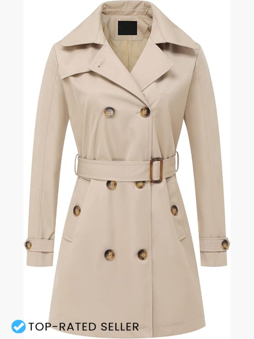 Double Breasted Trench Coat Mid Length Belted Overcoat Detachable Hood Classic